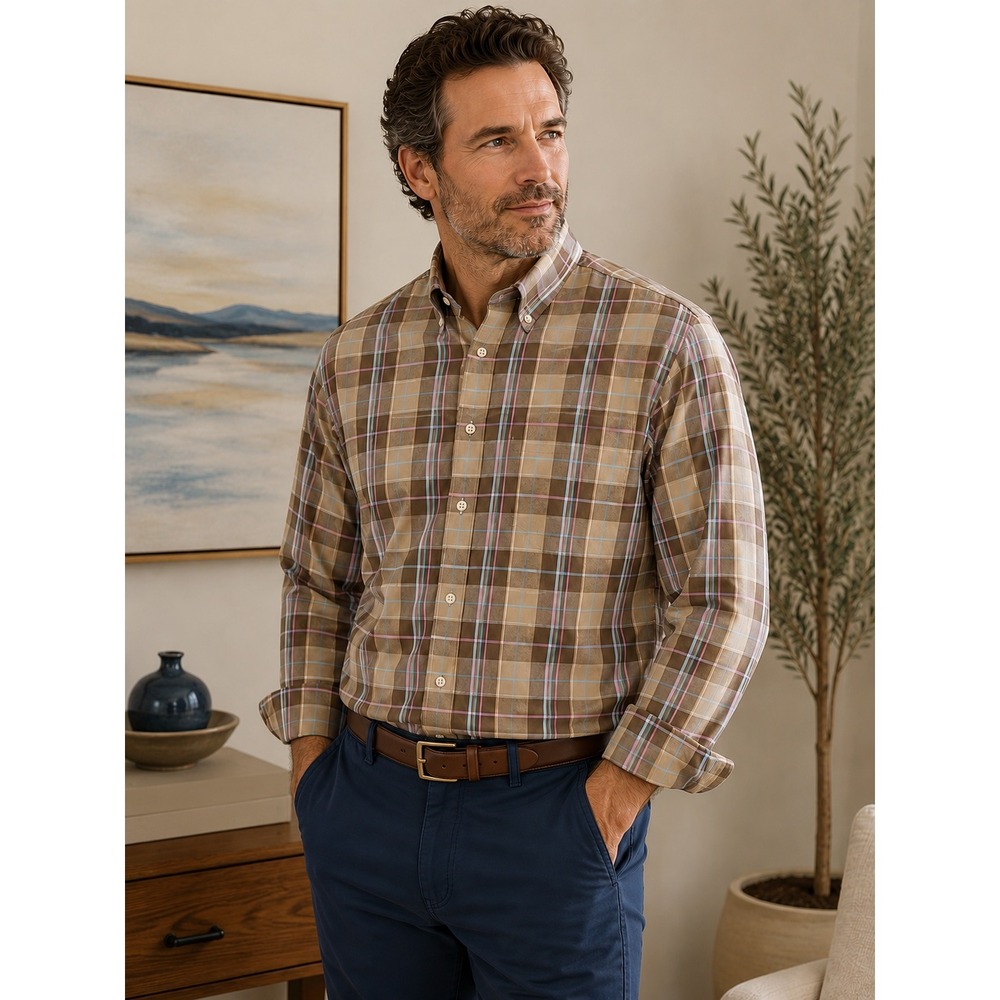 Alan Flusser‎ Mens XL Brown Plaid Button Down Shirt Long Sleeve Cotton 100%